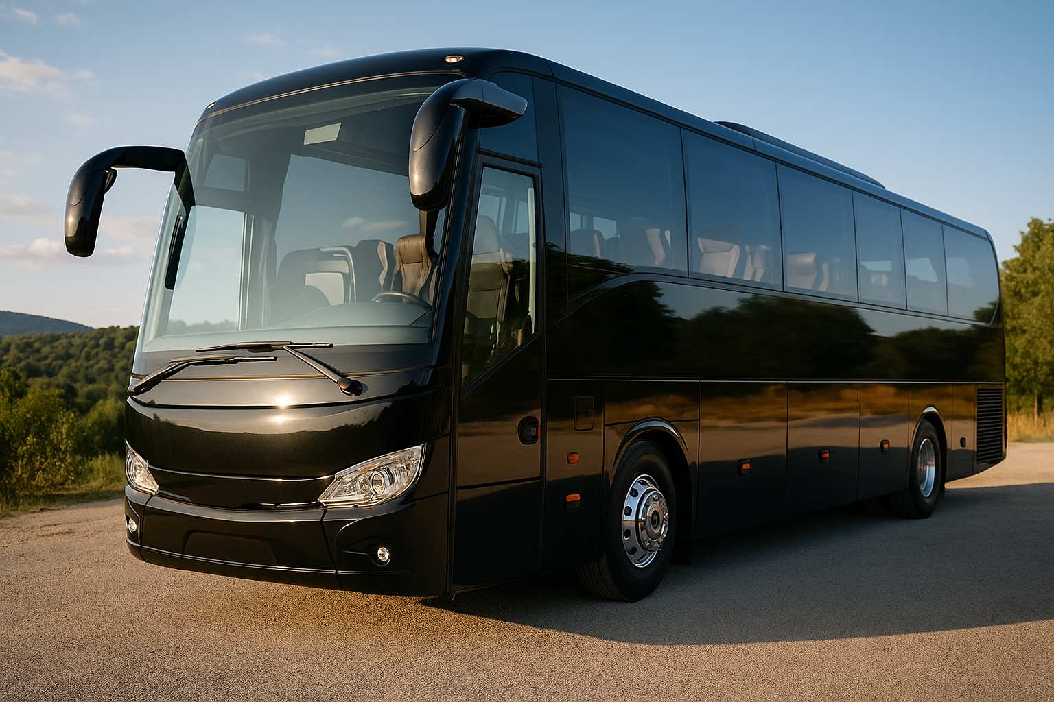 הסעות VIP לטיולים – אוטובוס תיירות יוקרתי בצבע שחור חונה בשטח פתוח, על רקע נוף ירוק ושמיים כחולים, הממחיש חוויית נסיעה יוקרתית ונוחה.