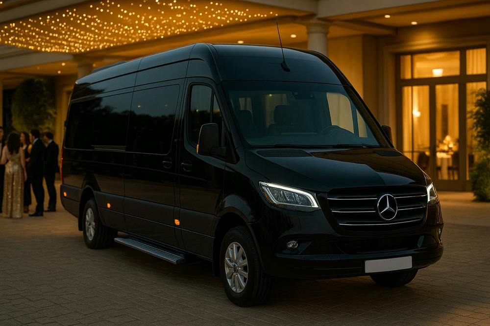 הסעות VIP לאירועים עם מיניבוס יוקרתי בכניסה לאולם אירועים מואר, לצד אורחים לבושים אלגנטית בערב חגיגי.